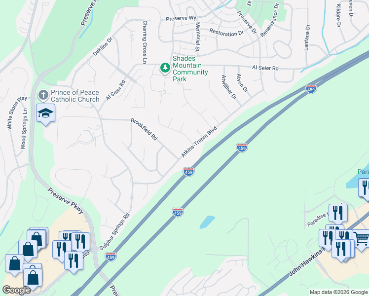map of restaurants, bars, coffee shops, grocery stores, and more near 1286 Atkins-Trimm Boulevard in Birmingham