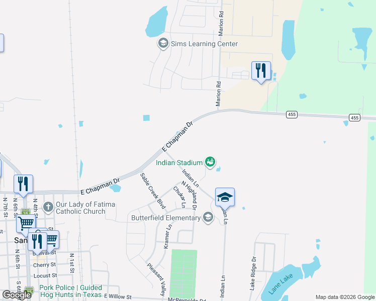 map of restaurants, bars, coffee shops, grocery stores, and more near 100 Indian Lane in Sanger