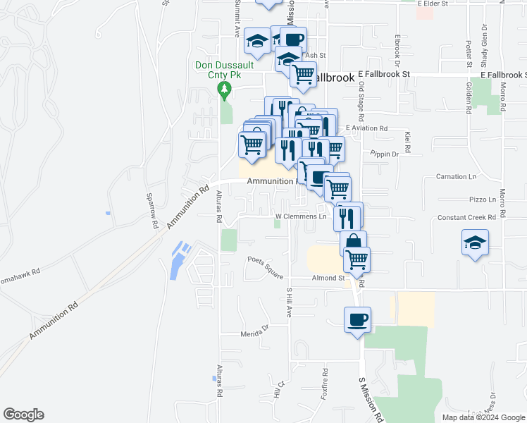 map of restaurants, bars, coffee shops, grocery stores, and more near 401 West Clemmens Lane in Fallbrook