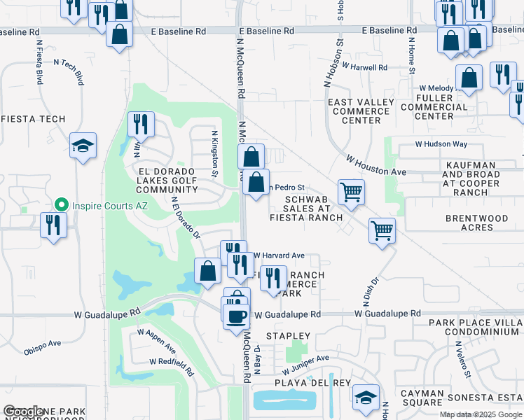 map of restaurants, bars, coffee shops, grocery stores, and more near 1015 N McQueen Rd in Gilbert