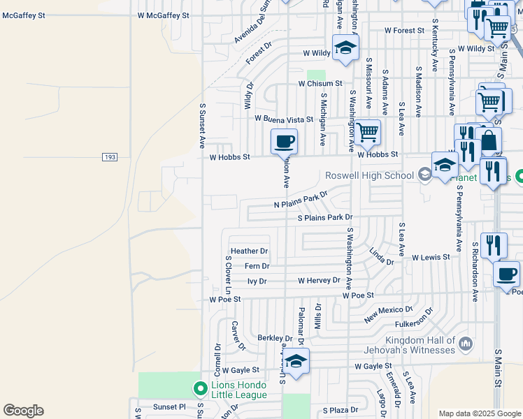 map of restaurants, bars, coffee shops, grocery stores, and more near 1018 South Plains Park Drive in Roswell