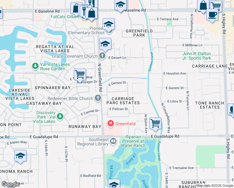 map of restaurants, bars, coffee shops, grocery stores, and more near 2504 East Libra Street in Gilbert