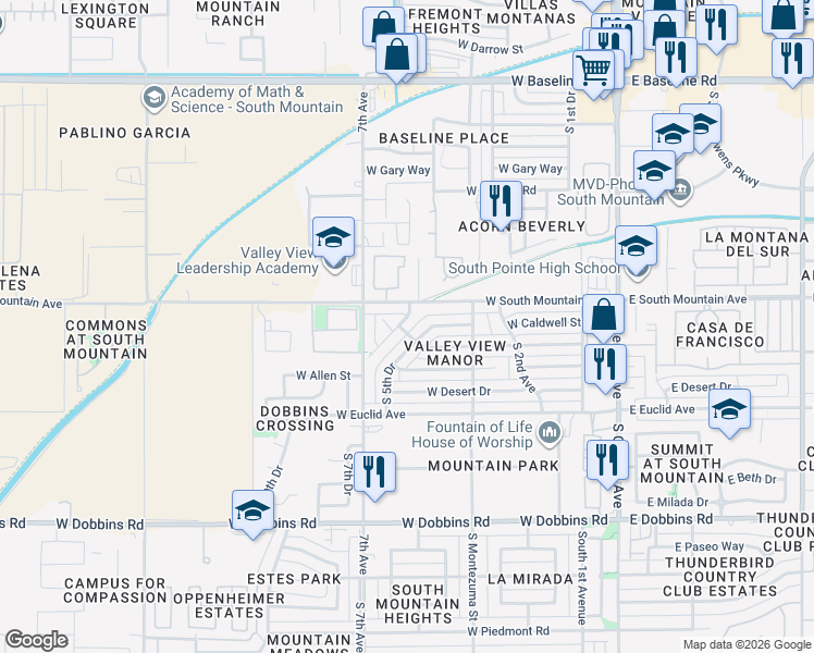 map of restaurants, bars, coffee shops, grocery stores, and more near 8440 South 5th Drive in Phoenix
