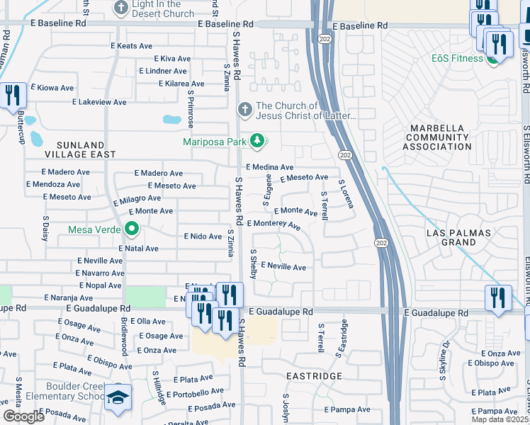 map of restaurants, bars, coffee shops, grocery stores, and more near 8459 East Monte Circle in Mesa