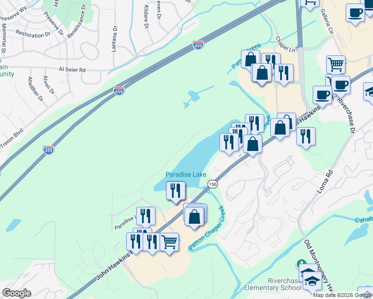 map of restaurants, bars, coffee shops, grocery stores, and more near 3152 Paradise Acres in Hoover