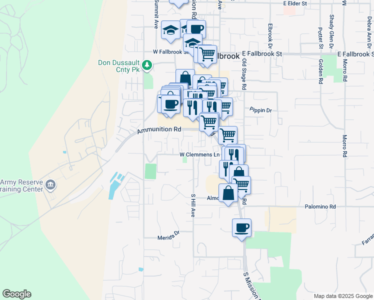 map of restaurants, bars, coffee shops, grocery stores, and more near 305 West Clemmens Lane in Fallbrook
