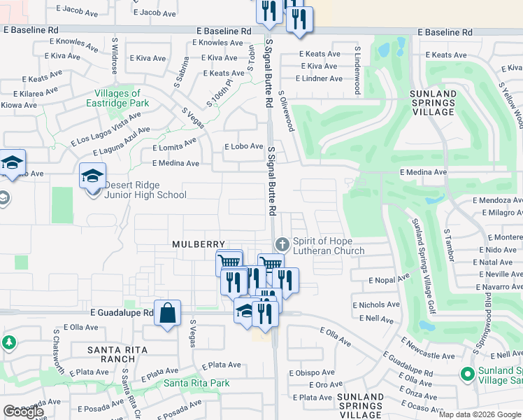 map of restaurants, bars, coffee shops, grocery stores, and more near 10751 East Monterey Avenue in Mesa