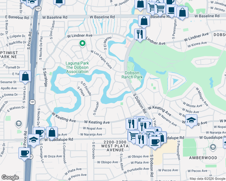 map of restaurants, bars, coffee shops, grocery stores, and more near 2147 West Madero Avenue in Mesa