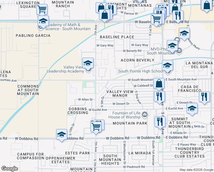 map of restaurants, bars, coffee shops, grocery stores, and more near 8440 South 5th Drive in Phoenix
