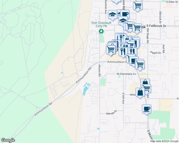 map of restaurants, bars, coffee shops, grocery stores, and more near 602 Ammunition Road in Fallbrook