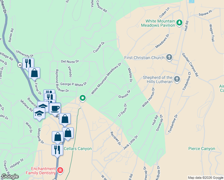 map of restaurants, bars, coffee shops, grocery stores, and more near 117 Granite Drive in Ruidoso