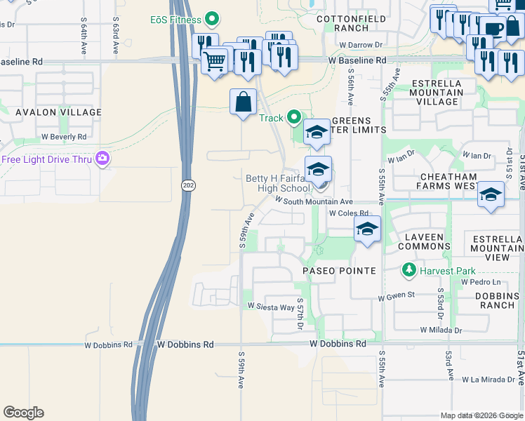 map of restaurants, bars, coffee shops, grocery stores, and more near 8449 South 59th Avenue in Phoenix