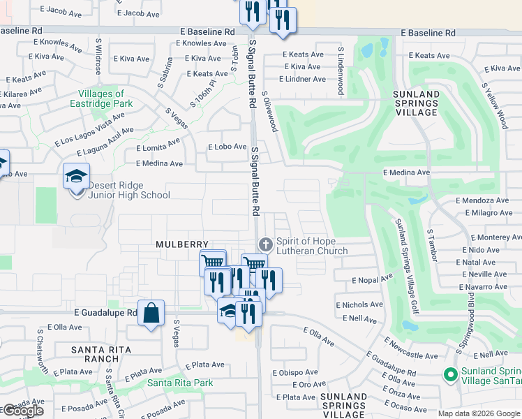map of restaurants, bars, coffee shops, grocery stores, and more near 10751 East Monterey Avenue in Mesa
