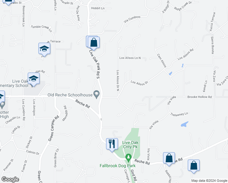 map of restaurants, bars, coffee shops, grocery stores, and more near 2440 Los Alisos Drive in Fallbrook
