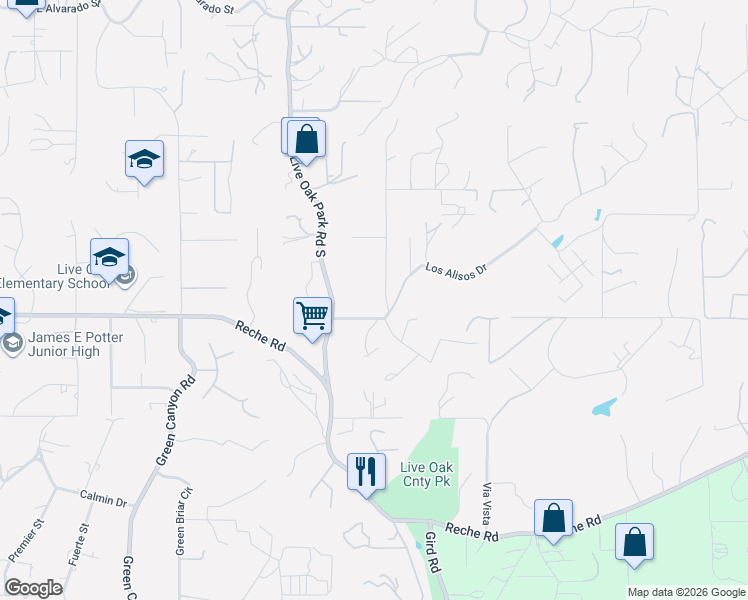 map of restaurants, bars, coffee shops, grocery stores, and more near 1032 Los Alisos Drive North in Fallbrook