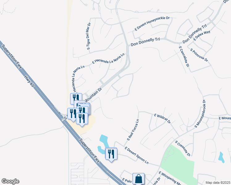 map of restaurants, bars, coffee shops, grocery stores, and more near 7041 East San Cristobal Way in Gold Canyon