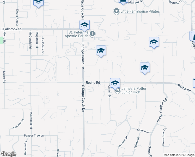 map of restaurants, bars, coffee shops, grocery stores, and more near 1610 Reche Road in Fallbrook