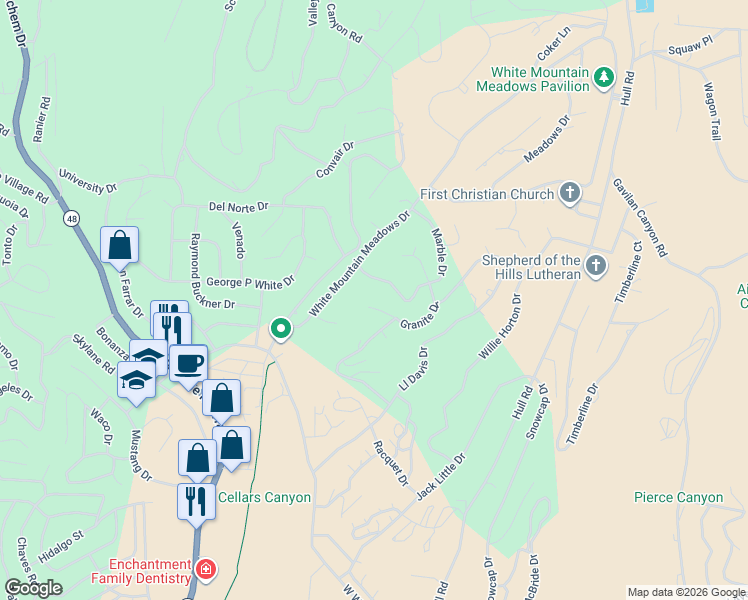 map of restaurants, bars, coffee shops, grocery stores, and more near 101-111 Marble Drive in Ruidoso