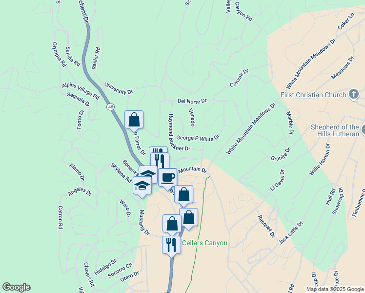 map of restaurants, bars, coffee shops, grocery stores, and more near 301 George P White Drive in Ruidoso