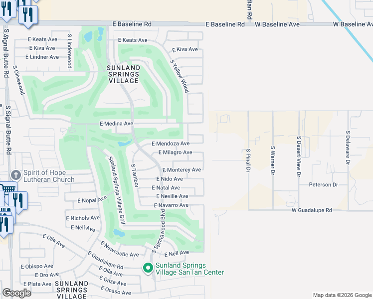 map of restaurants, bars, coffee shops, grocery stores, and more near 11460 East Mendoza Avenue in Mesa