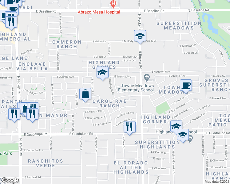 map of restaurants, bars, coffee shops, grocery stores, and more near 1072 North Cole Drive in Gilbert