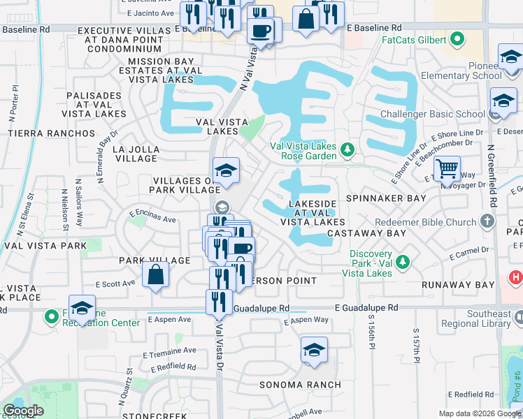 map of restaurants, bars, coffee shops, grocery stores, and more near 1709 East Coco Palm Court in Gilbert
