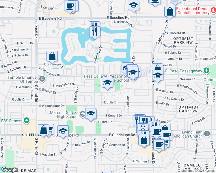 map of restaurants, bars, coffee shops, grocery stores, and more near 1269-1299 E Southshore Dr in Tempe