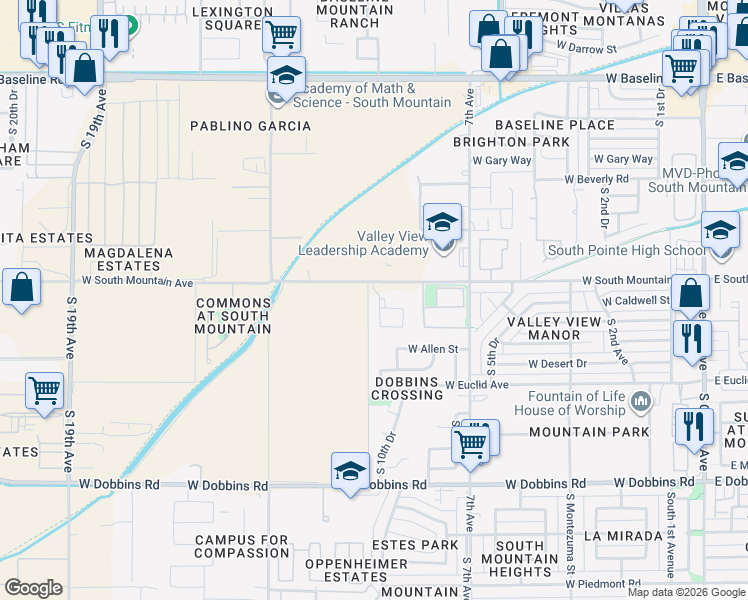 map of restaurants, bars, coffee shops, grocery stores, and more near 1010 West South Mountain Avenue in Phoenix