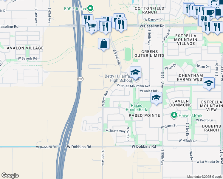map of restaurants, bars, coffee shops, grocery stores, and more near 8449 South 59th Avenue in Phoenix