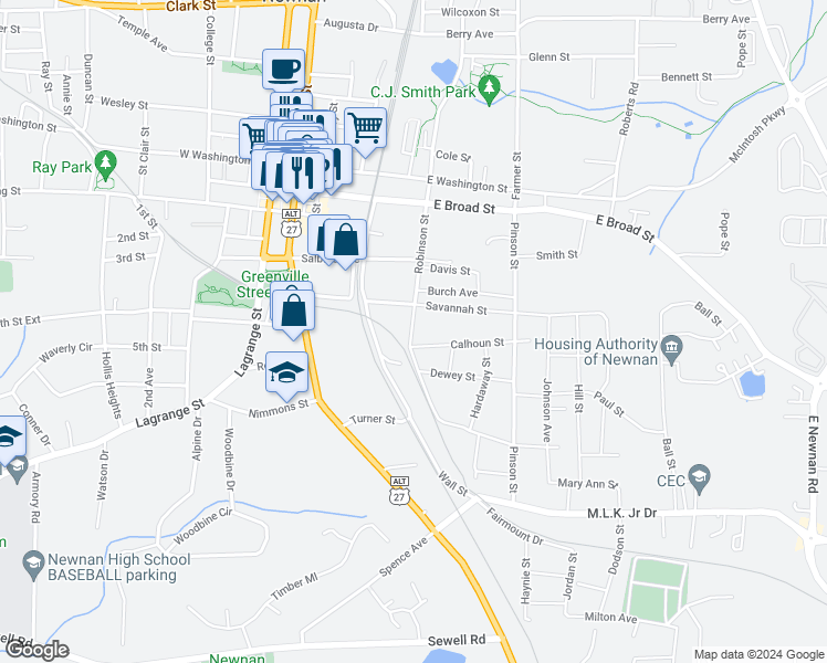 map of restaurants, bars, coffee shops, grocery stores, and more near 43 Savannah Street in Newnan