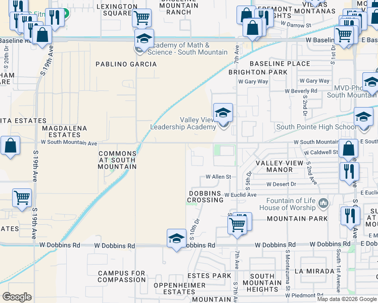 map of restaurants, bars, coffee shops, grocery stores, and more near 1010 West South Mountain Avenue in Phoenix