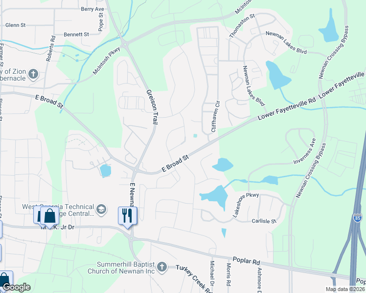 map of restaurants, bars, coffee shops, grocery stores, and more near 60 Jane Lane in Newnan