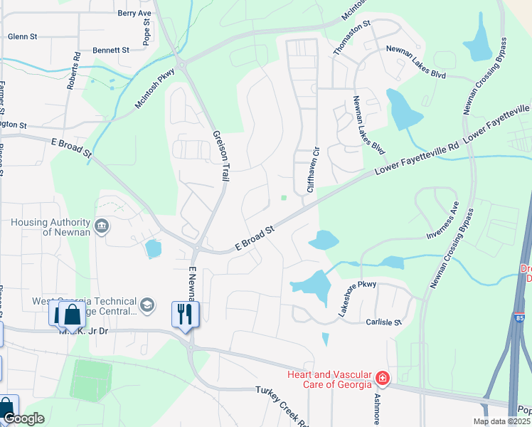 map of restaurants, bars, coffee shops, grocery stores, and more near 60 Jane Lane in Newnan