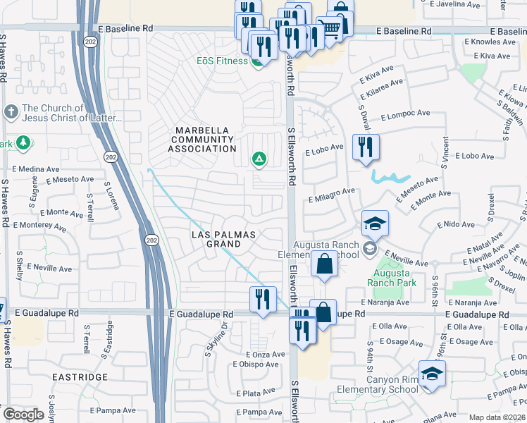 map of restaurants, bars, coffee shops, grocery stores, and more near 3rd St in Mesa