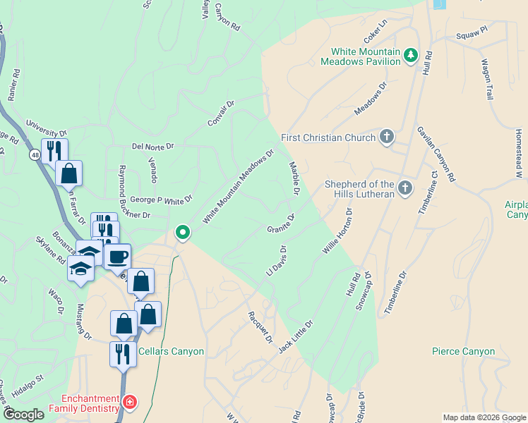 map of restaurants, bars, coffee shops, grocery stores, and more near 111 Marble Drive in Ruidoso