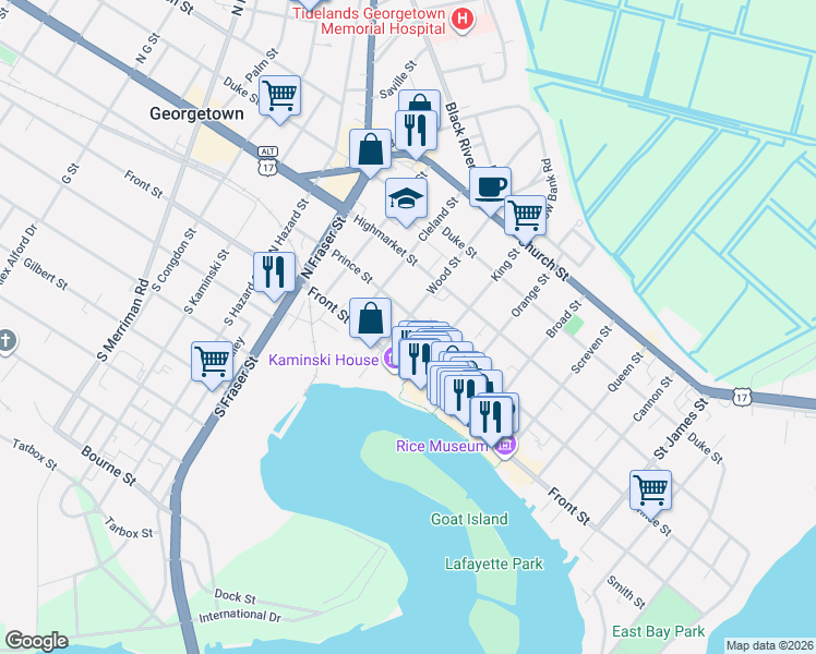 map of restaurants, bars, coffee shops, grocery stores, and more near 216 Wood Street in Georgetown