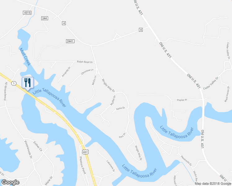 map of restaurants, bars, coffee shops, grocery stores, and more near 84 Muffet Drive in Wedowee