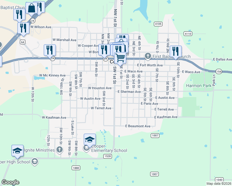 map of restaurants, bars, coffee shops, grocery stores, and more near 600 Southeast 1st Street in Cooper