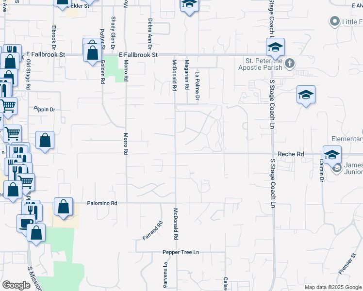 map of restaurants, bars, coffee shops, grocery stores, and more near 1089 Ridge Heights Drive in Fallbrook