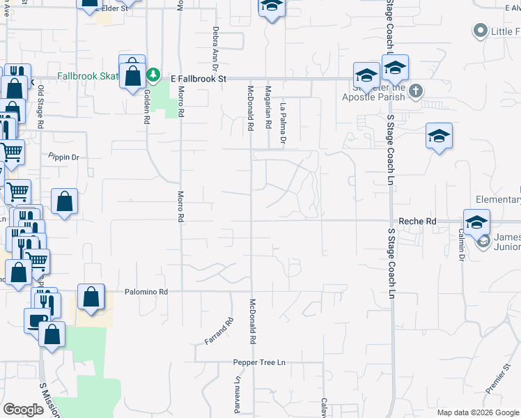 map of restaurants, bars, coffee shops, grocery stores, and more near 1044 Crescent Bend in Fallbrook