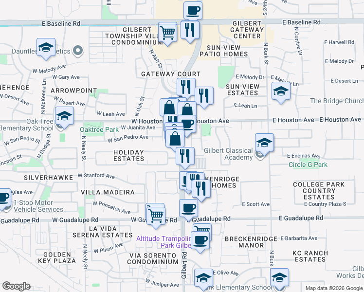 map of restaurants, bars, coffee shops, grocery stores, and more near 1130 North Gilbert Road in Gilbert