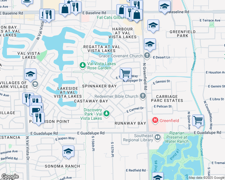 map of restaurants, bars, coffee shops, grocery stores, and more near 2192 East Chesapeake Drive in Gilbert