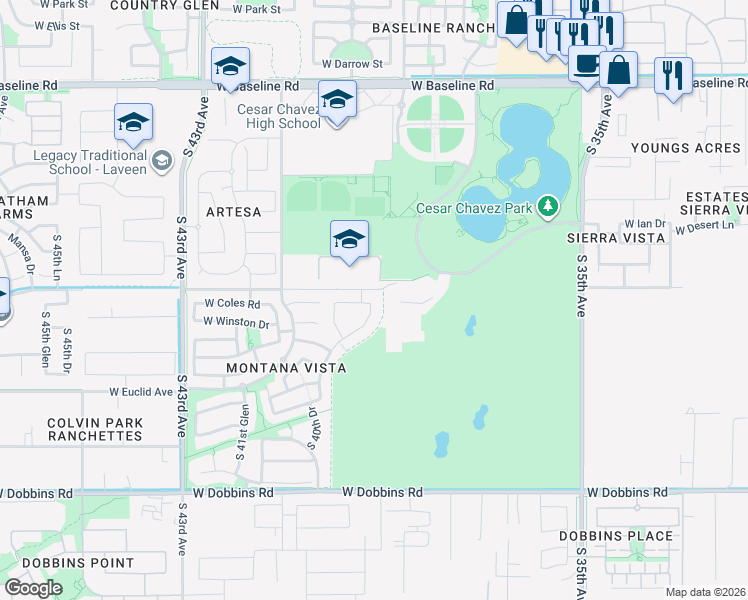 map of restaurants, bars, coffee shops, grocery stores, and more near 4010 West Coles Road in Phoenix