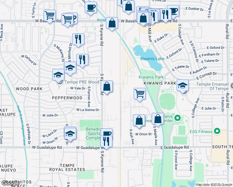 map of restaurants, bars, coffee shops, grocery stores, and more near 5865 South Kyrene Road in Tempe