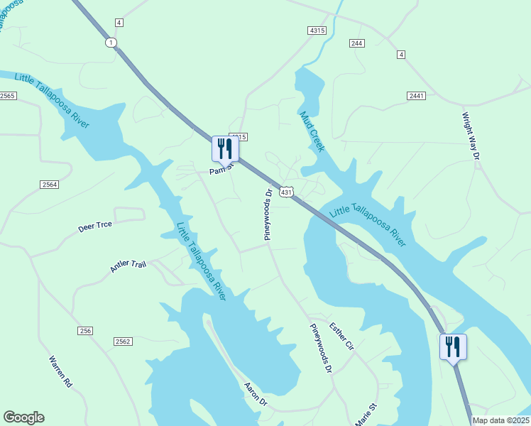 map of restaurants, bars, coffee shops, grocery stores, and more near 28 Pineywoods Drive in Wedowee