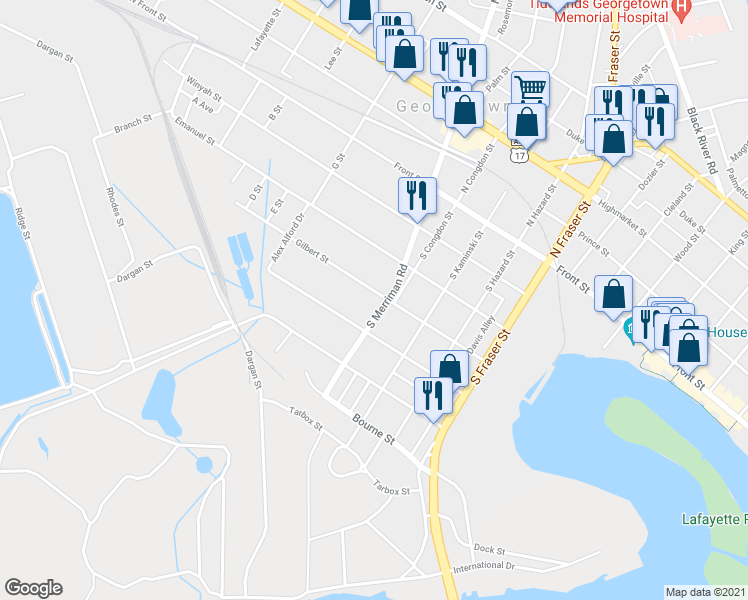 map of restaurants, bars, coffee shops, grocery stores, and more near 1805 Gilbert Street in Georgetown