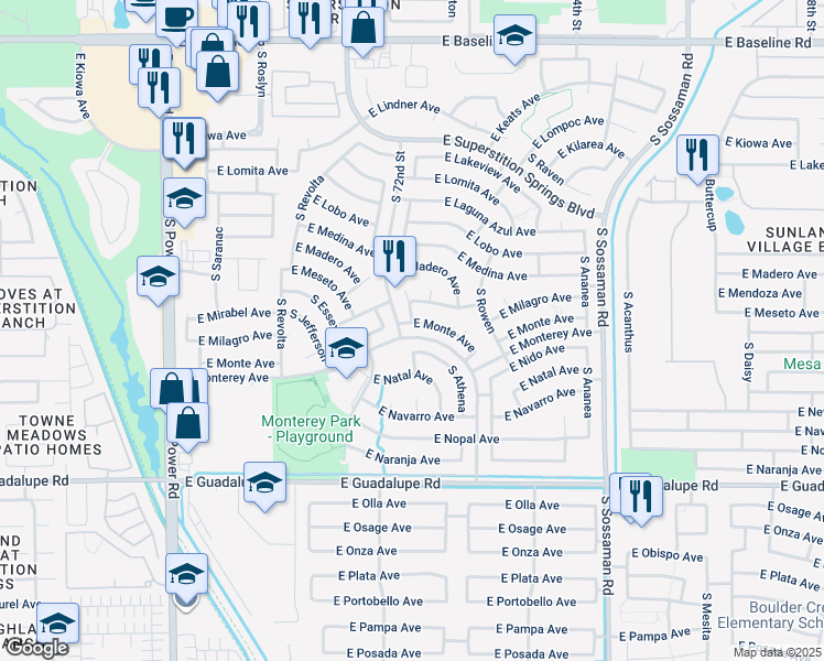 map of restaurants, bars, coffee shops, grocery stores, and more near 7218 East Monte Avenue in Mesa