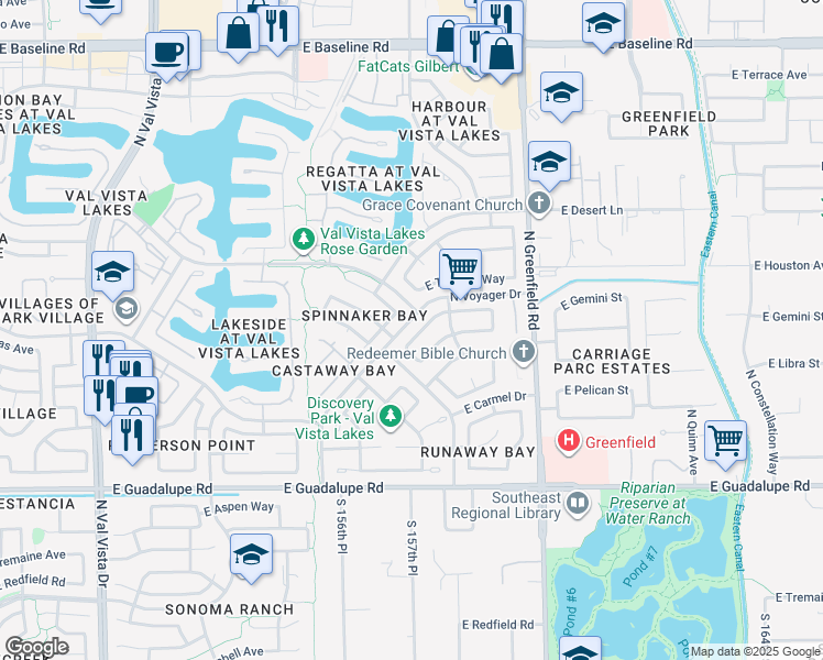 map of restaurants, bars, coffee shops, grocery stores, and more near 2192 East Chesapeake Drive in Gilbert