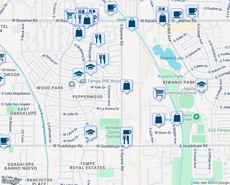 map of restaurants, bars, coffee shops, grocery stores, and more near 5819 South Brittany Lane in Tempe