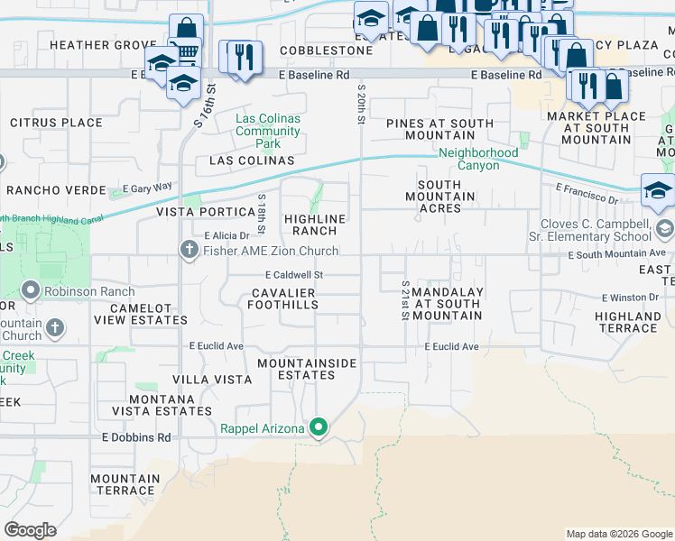 map of restaurants, bars, coffee shops, grocery stores, and more near 1929 East South Mountain Avenue in Phoenix